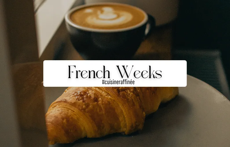 A croissant and a coffee cup with text 'French Weeks'